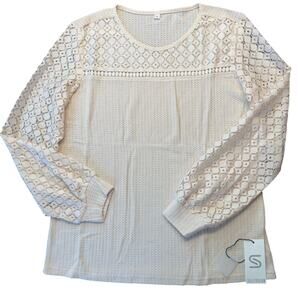 Siliteelon Lace Sleeve Knit Top Cream Long Sleeve Blouse Womens‎ M NWT
